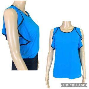 Calvin Klein Womens Blouse Top Shirt Ruffle Sleeve Pullover Teal Black XS